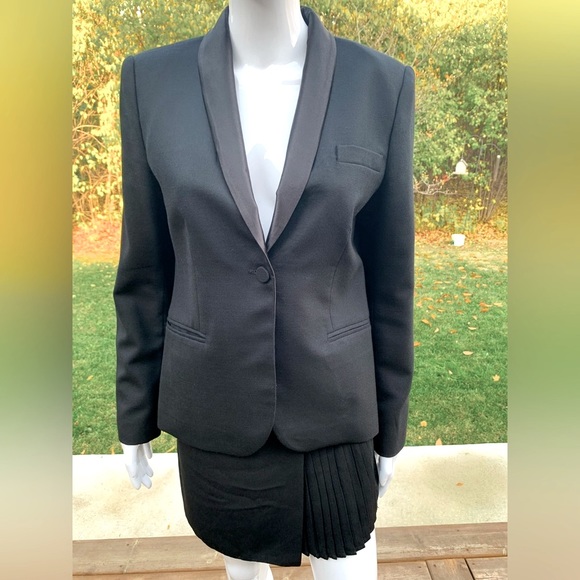 Zara black 100% Wool tuxedo style long blazer shiny black satin collar US Large - Picture 2 of 14